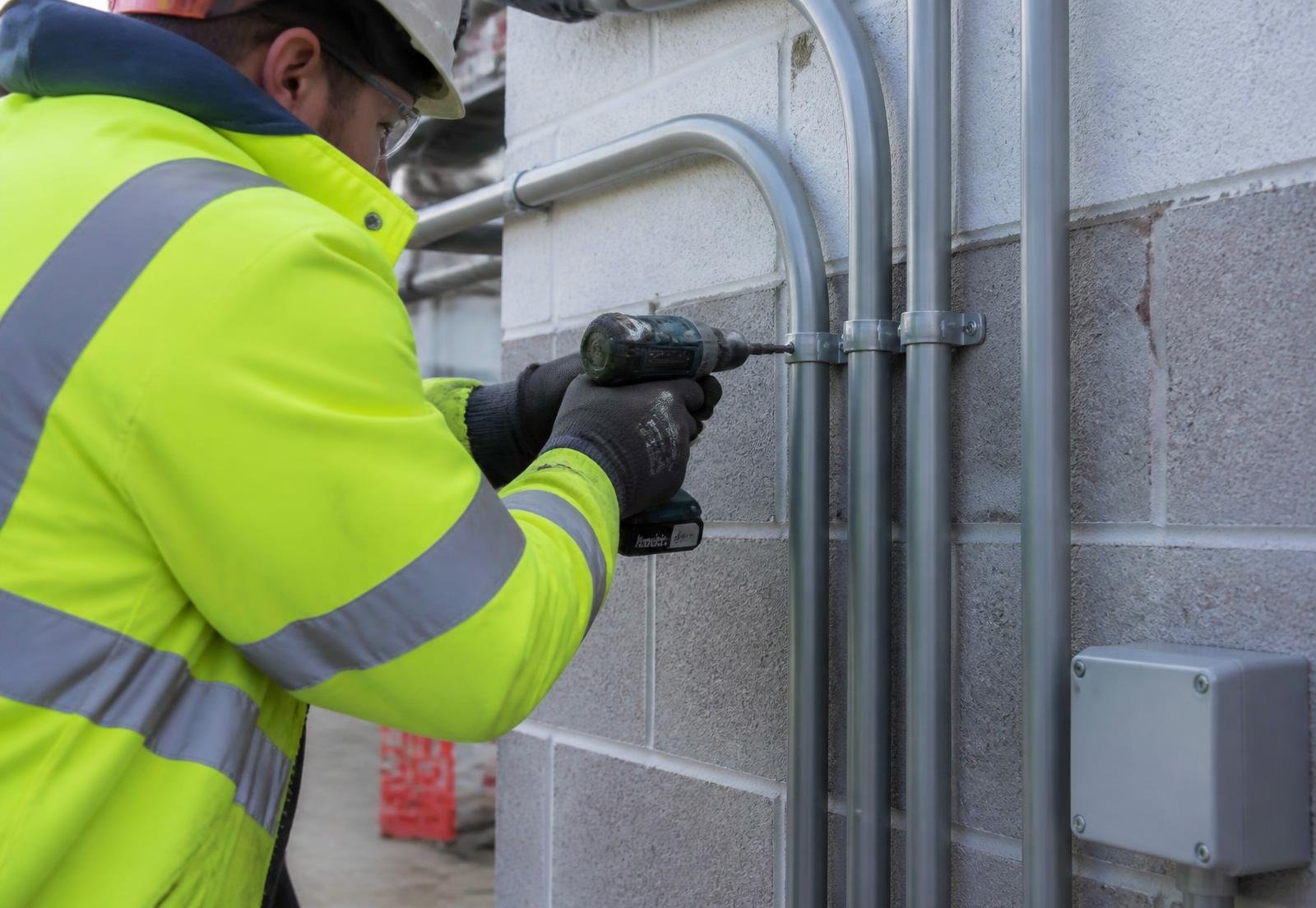 Electrician installing grey electrical conduit on a commercial site wall